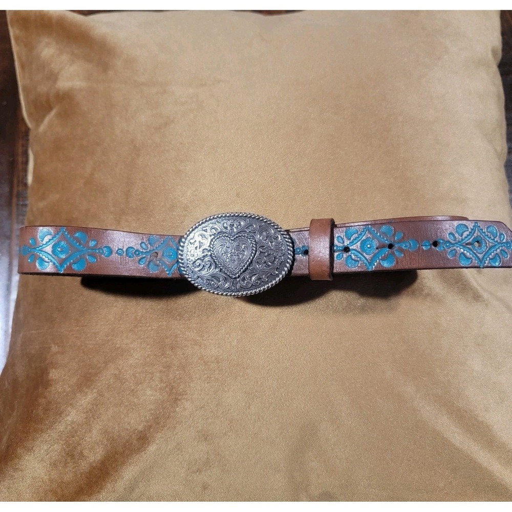 Justin Girls Belt Hope Brown Turquoise Tooled Leather Silver Heart Buckle Sz 30